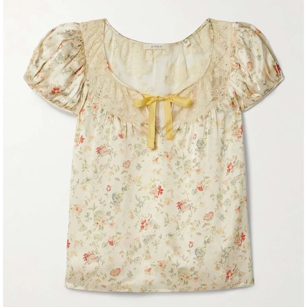 Doen Cream Floral Puff-Sleeve Blouse with Yellow Tie